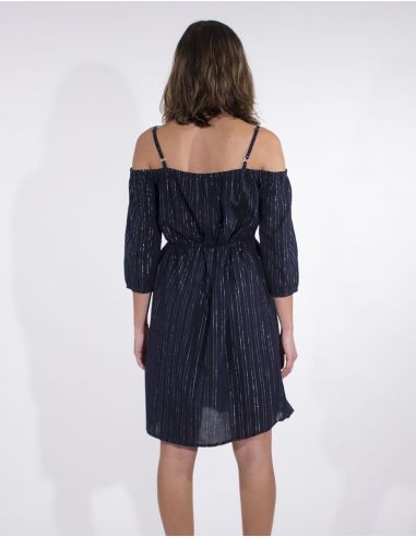 Vestido 99% algodon 1% fibra metalizada hombros desnudos