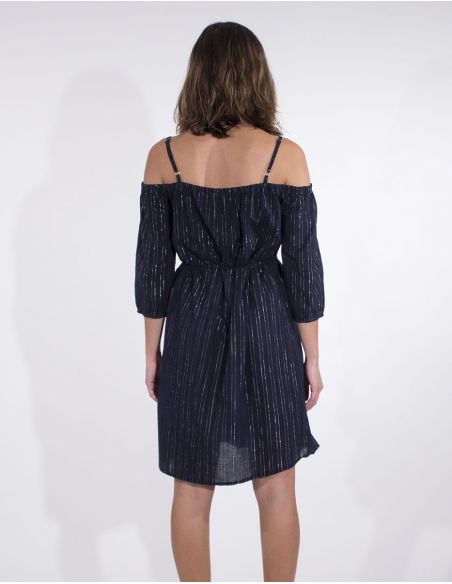 Vestido 99% algodon 1% fibra metalizada hombros desnudos