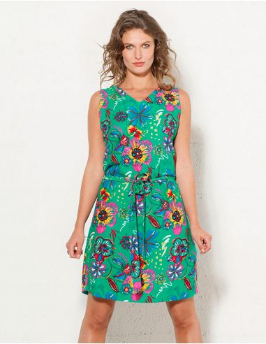 Vestido viscosa cuello V sin mangas estampado tiare