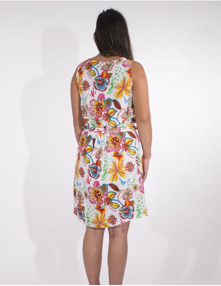 Vestido viscosa cuello V sin mangas estampado tiare