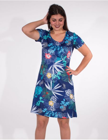 Vestido malla 95% poliester 5% elastano mangas cortas estampado hibiscus