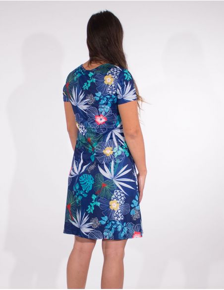 Vestido malla 95% poliester 5% elastano mangas cortas estampado hibiscus