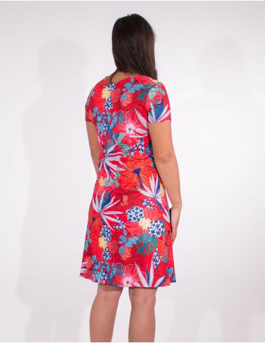 Vestido malla 95% poliester 5% elastano mangas cortas estampado hibiscus