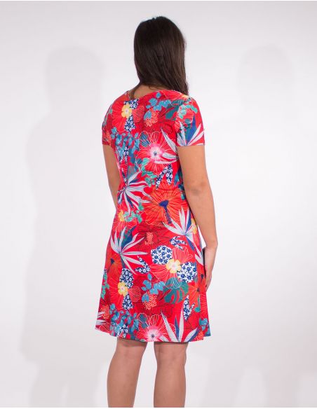 Vestido malla 95% poliester 5% elastano mangas cortas estampado hibiscus