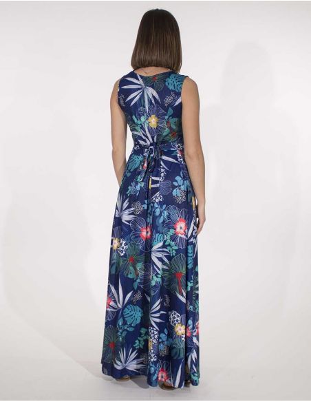 Vestido largo malla 95% poliester 5% elastano estampado hibiscus