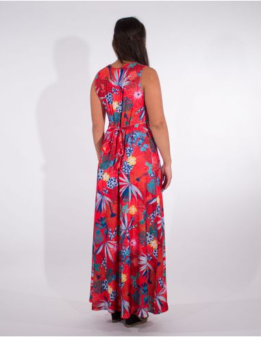 Vestido largo malla 95% poliester 5% elastano estampado hibiscus