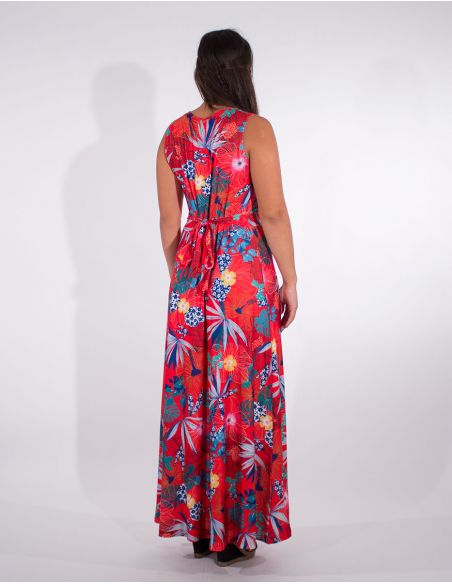 Vestido largo malla 95% poliester 5% elastano estampado hibiscus