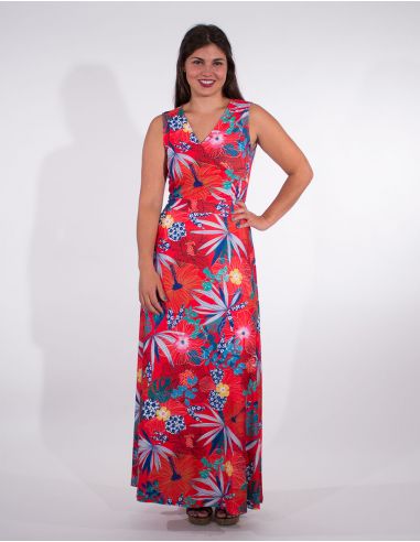 Vestido largo malla 95% poliester 5% elastano estampado hibiscus