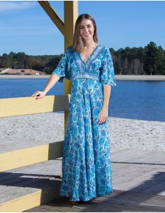 Vestido largo poliester mangas cortas sari estampado babou