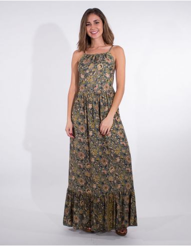 Vestido largo poliester tirantes sari estampado golf
