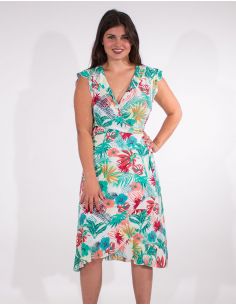 Vestido viscosa mangas cortas cruzada estampado vegetal