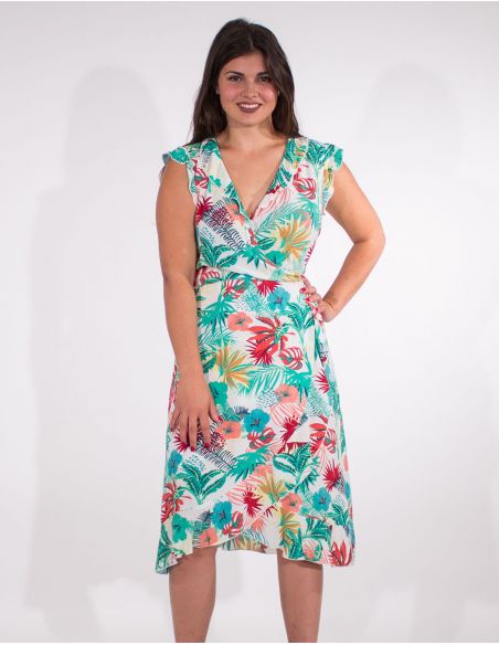 Vestido viscosa mangas cortas cruzada estampado vegetal