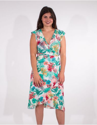 Vestido viscosa mangas cortas cruzada estampado vegetal