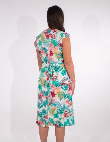 Vestido viscosa mangas cortas cruzada estampado vegetal