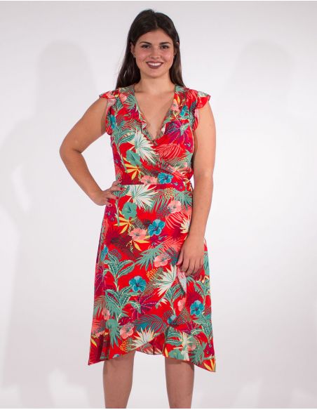 Vestido viscosa mangas cortas cruzada estampado vegetal