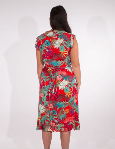 Vestido viscosa mangas cortas cruzada estampado vegetal