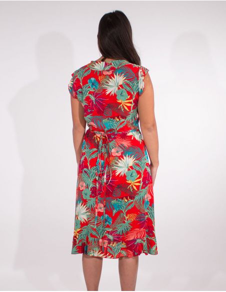 Vestido viscosa mangas cortas cruzada estampado vegetal