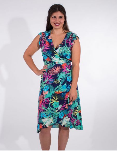 Vestido viscosa mangas cortas cruzada estampado vegetal