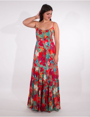 Vestido largo viscosa tirantes estampado vegetal
