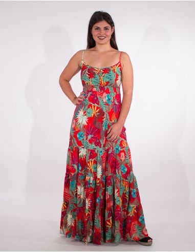 Vestido largo viscosa tirantes estampado vegetal