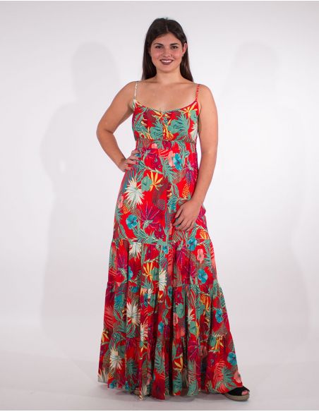 Vestido largo viscosa tirantes estampado vegetal
