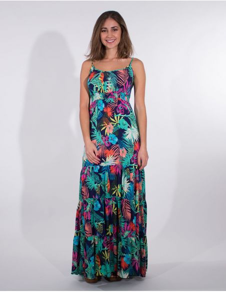 Vestido largo viscosa tirantes estampado vegetal