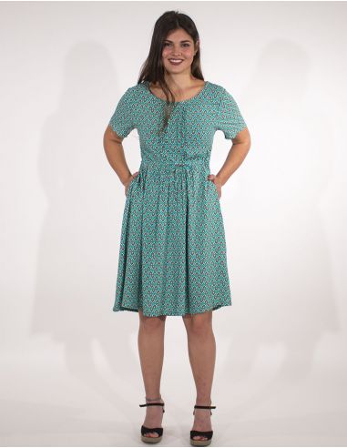 Vestido viscosa mangas cortas estampado plumas