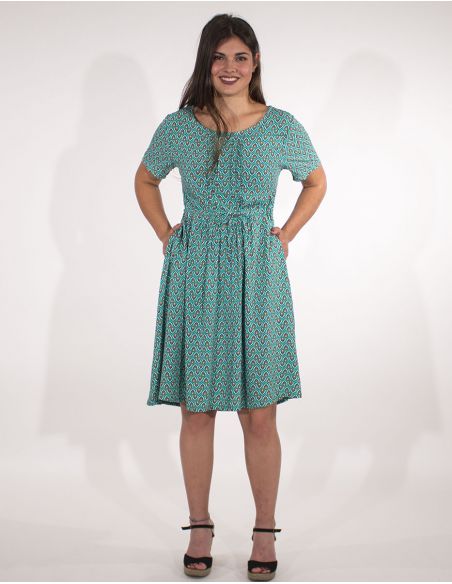 Vestido viscosa mangas cortas estampado plumas