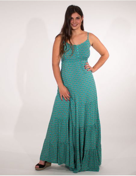 Vestido largo viscosa tirantes estampado plumas