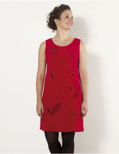 Vestido malla poliéster con bordado y patch terciopelo sin mangas 