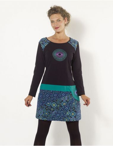Vestido malla 97% algodón 3% elastano estampado y patch tíbet