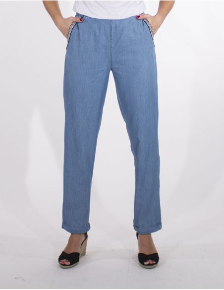 Pantalon 64% algodon 36% viscosa jean bolsillos con galon 