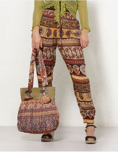 Pantalon viscosa bajo smocke estampado indien 