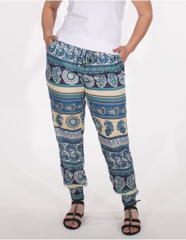 Pantalon viscosa bajo smocke estampado indien 