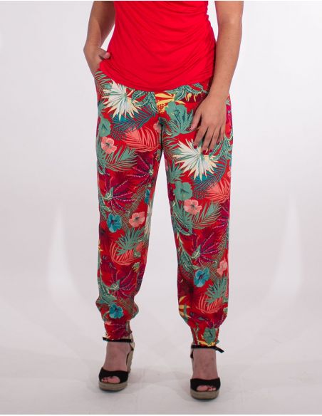 Pantalon viscosa bajo smocke estampado vegetal