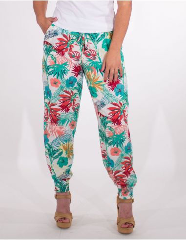 Pantalon viscosa bajo smocke estampado vegetal