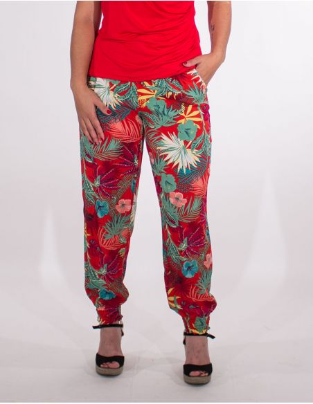 Pantalon viscosa bajo smocke estampado vegetal