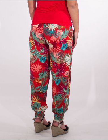 Pantalon viscosa bajo smocke estampado vegetal
