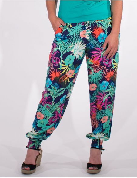 Pantalon viscosa bajo smocke estampado vegetal