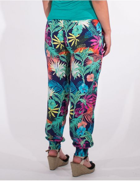 Pantalon viscosa bajo smocke estampado vegetal