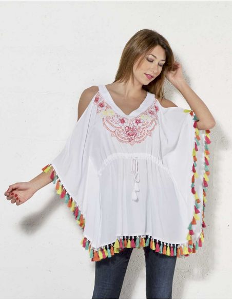 Poncho viscosa pompones de colores