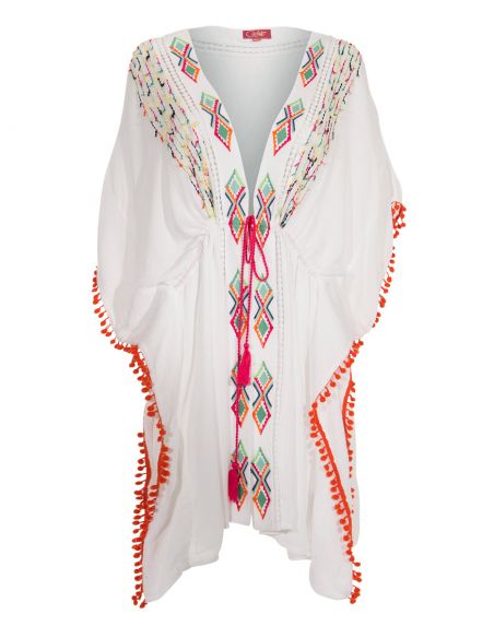 Chaqueta poncho crepe de viscosa bordada con pompones