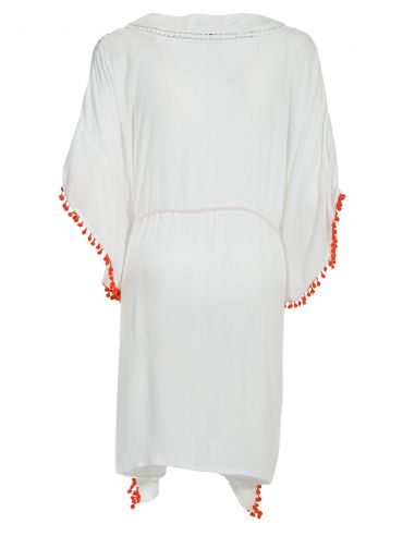 Chaqueta poncho crepe de viscosa bordada con pompones