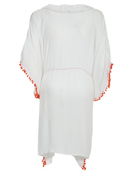 Chaqueta poncho crepe de viscosa bordada con pompones