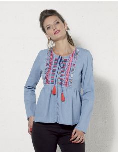 Chaqueta algodon jean bordada mangas largas