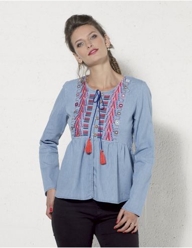 Chaqueta algodon jean bordada mangas largas