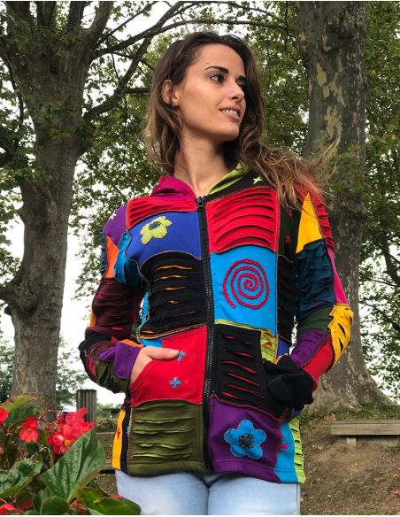 Chaqueta malla algodon patchwork con capucha