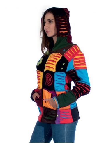 Chaqueta malla algodon patchwork con capucha