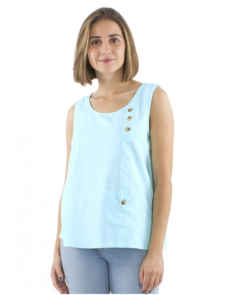 Top 54% lino 46% viscosa camiseta 1 bolsillo