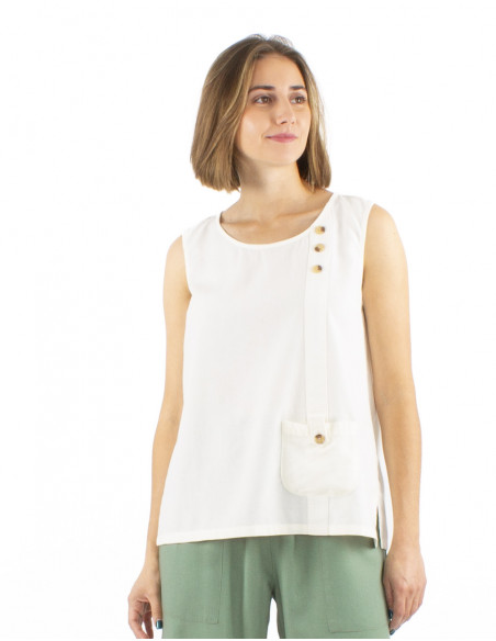Top 54% lino 46% viscosa camiseta 1 bolsillo
